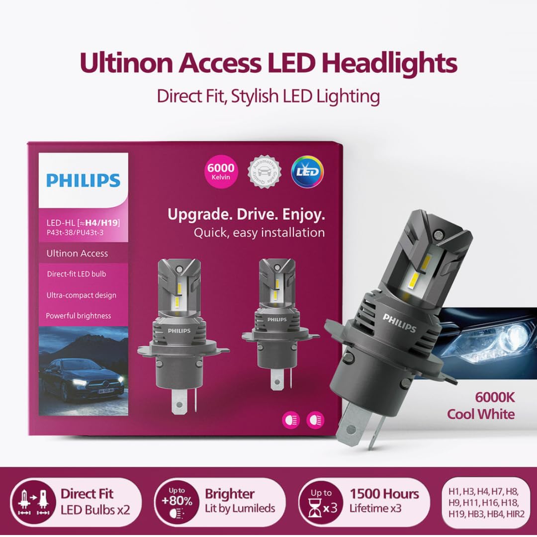 Philips WeatherVision LED car headlight bulb (H4/H19), ultra-compact direct-fit, Halogen color match, easy install, LED performance, 3500K, set of 2