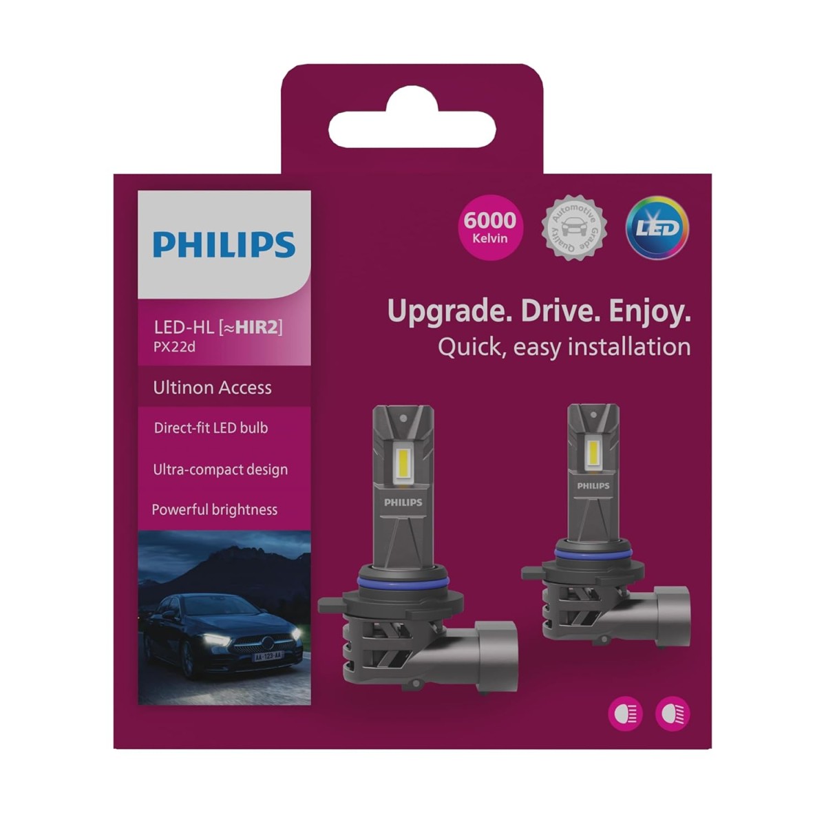 Philips WeatherVision LED car headlight bulb (H4/H19), ultra-compact direct-fit, Halogen color match, easy install, LED performance, 3500K, set of 2