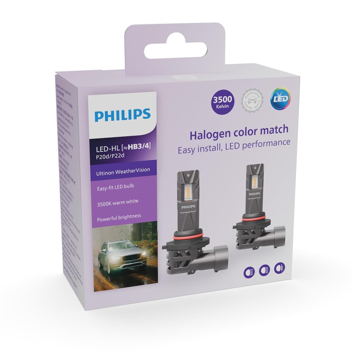 Philips WeatherVision LED car headlight bulb (H4/H19), ultra-compact direct-fit, Halogen color match, easy install, LED performance, 3500K, set of 2
