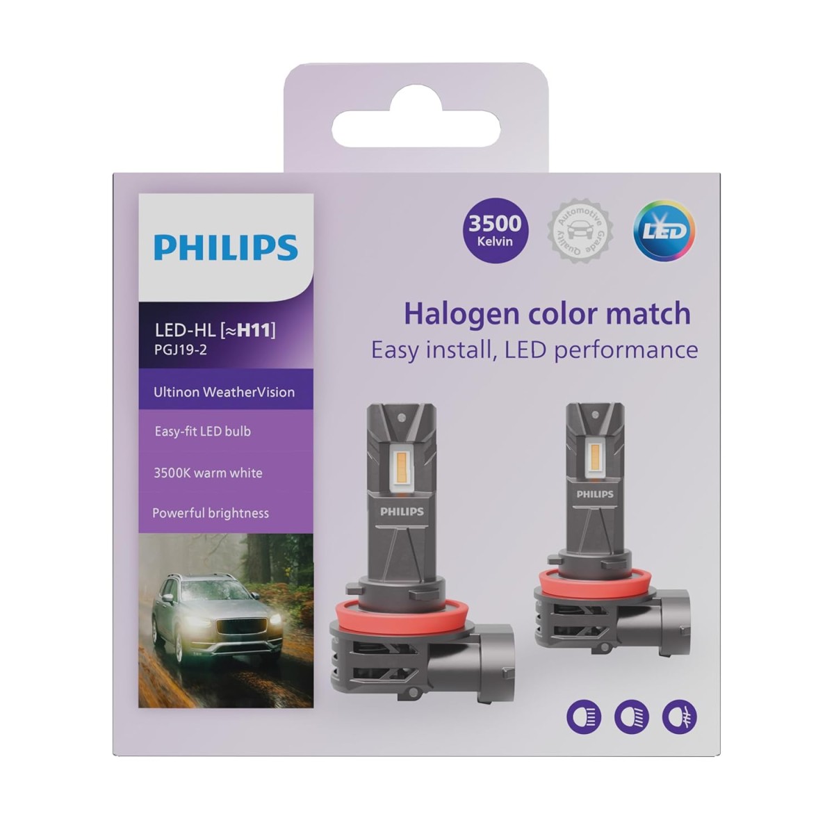 Philips WeatherVision LED car headlight bulb (H4/H19), ultra-compact direct-fit, Halogen color match, easy install, LED performance, 3500K, set of 2