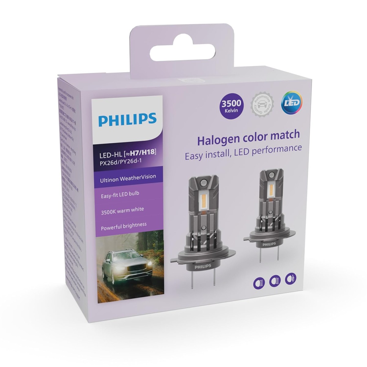 Philips WeatherVision LED car headlight bulb (H4/H19), ultra-compact direct-fit, Halogen color match, easy install, LED performance, 3500K, set of 2