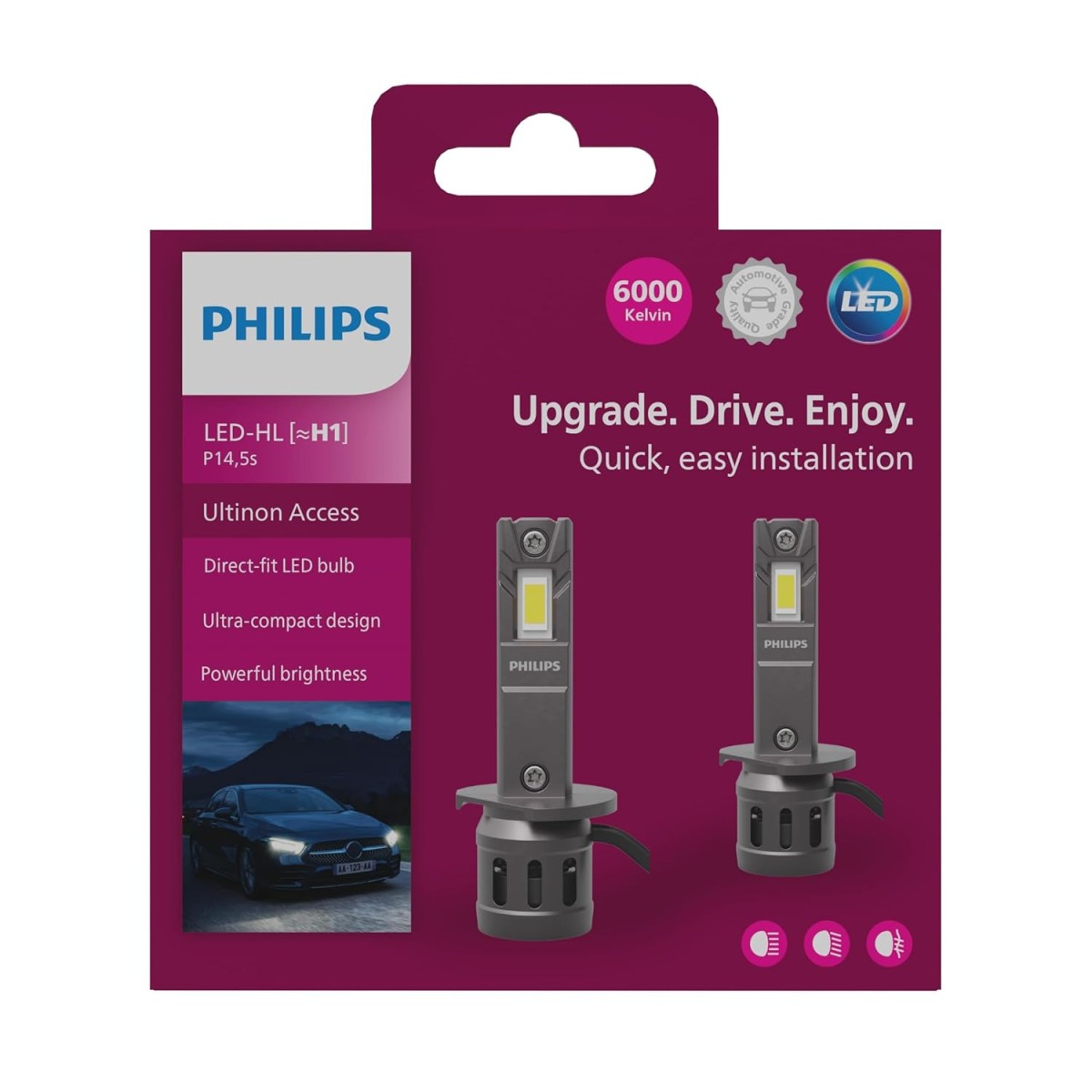 Philips WeatherVision LED car headlight bulb (H4/H19), ultra-compact direct-fit, Halogen color match, easy install, LED performance, 3500K, set of 2