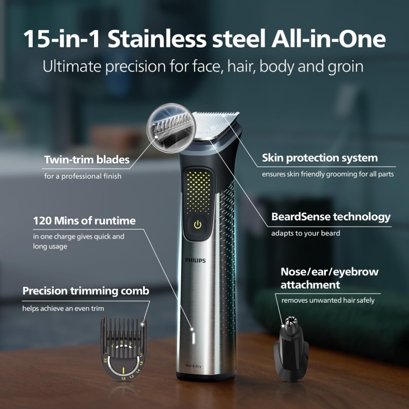 PhilipsIndia's No.1 Men's Trimmer| Pro BeardSense Technology| 15-in-1 Pro Kit - Face, Body & Private Parts| Premium All Metal BodyI 3 Year WarrantyI 120min RuntimeI 5min Quick Charge MG9551/65