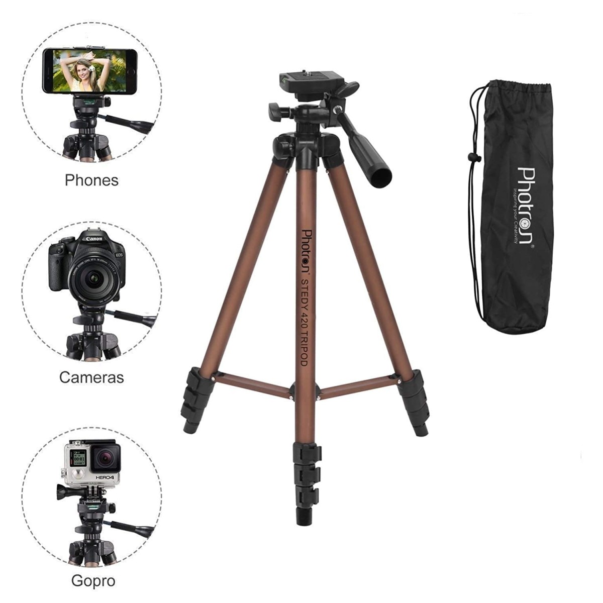 Photron Stedy 420 Tripod 127 cm (50 Inch) with Mobile Holder for Smart Phone, Camera| Extends to 1240mm (4 Feet) | Folds to 425mm(1.4 Feet) | Weight Load Capacity: 2.5kg | Case Included, Copper