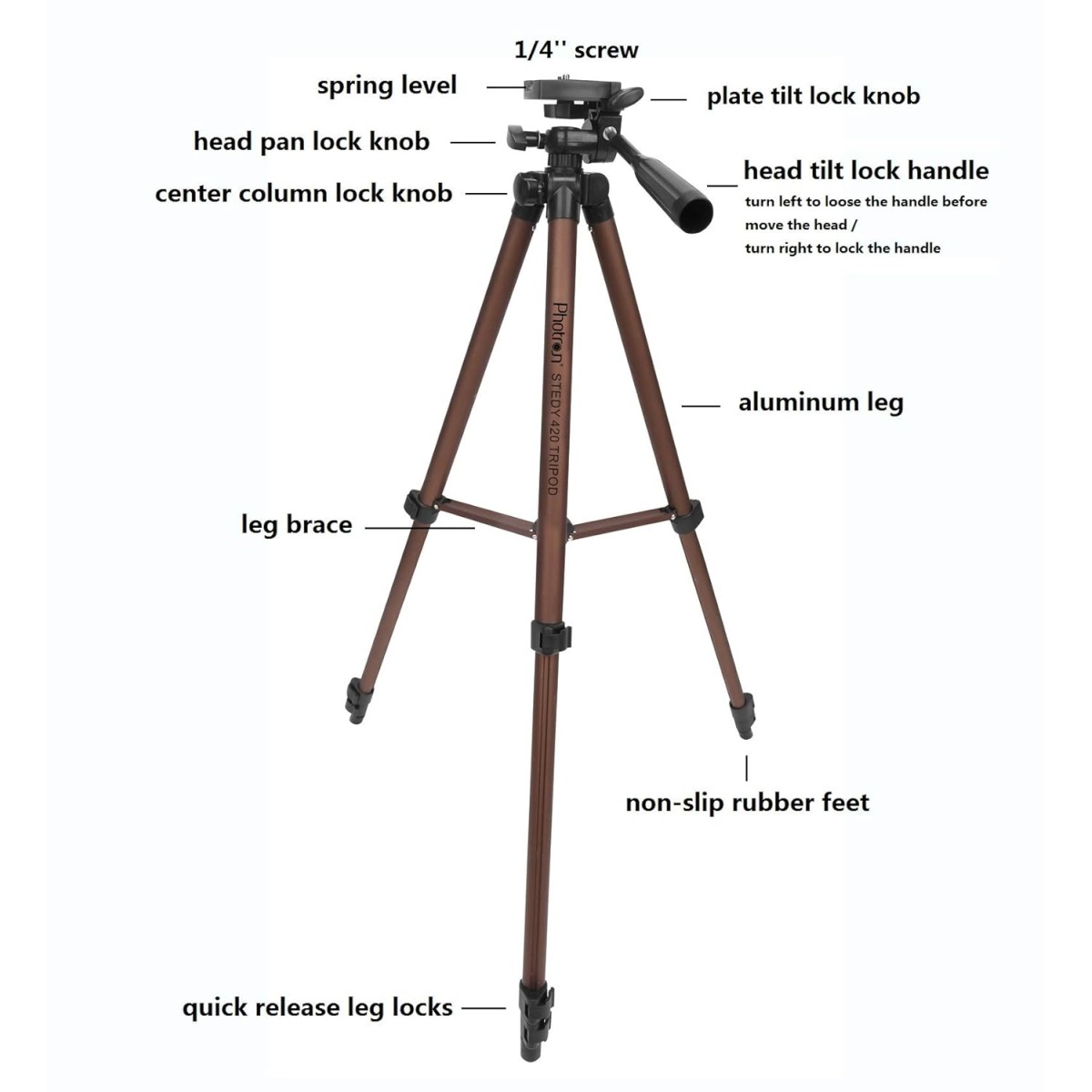 Photron Stedy 420 Tripod 127 cm (50 Inch) with Mobile Holder for Smart Phone, Camera| Extends to 1240mm (4 Feet) | Folds to 425mm(1.4 Feet) | Weight Load Capacity: 2.5kg | Case Included, Copper