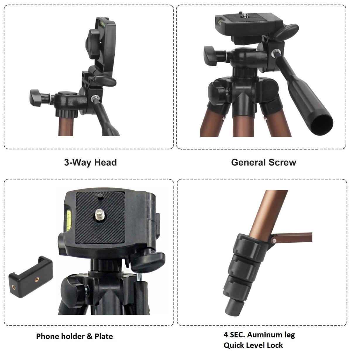 Photron Stedy 420 Tripod 127 cm (50 Inch) with Mobile Holder for Smart Phone, Camera| Extends to 1240mm (4 Feet) | Folds to 425mm(1.4 Feet) | Weight Load Capacity: 2.5kg | Case Included, Copper