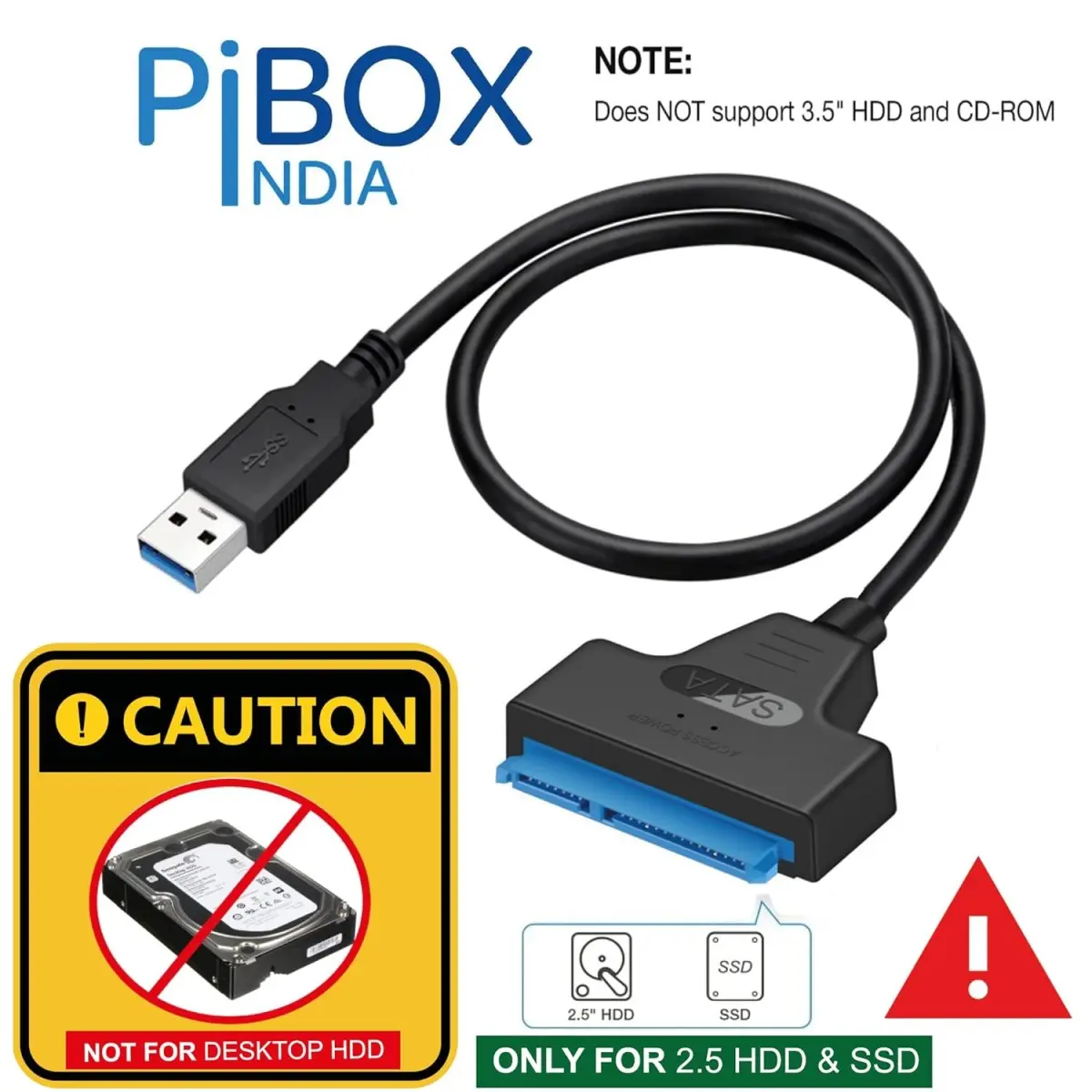 PiBOX India - USB 3.0 USB C OTG to 2.5 SATA III Hard Drive Adapter 0.5 M Long Cable w/UASP - SATA to USB 3.0 Converter for SSD/HDD - Hard Drive Adapter Cable - 50 cm -ASM225CM Chipset - 2.5 inch HDD