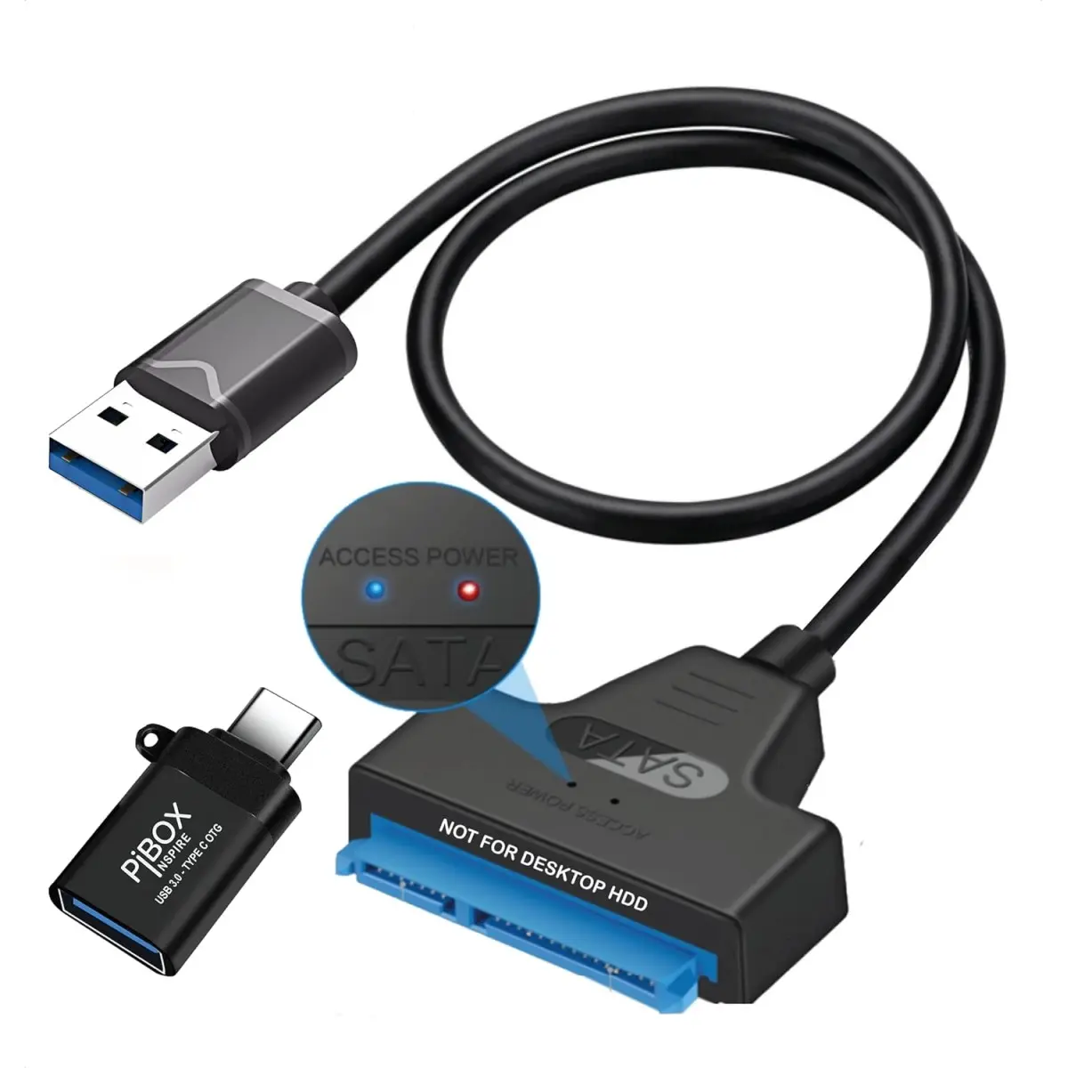 PiBOX India - USB 3.0 USB C OTG to 2.5 SATA III Hard Drive Adapter 0.5 M Long Cable w/UASP - SATA to USB 3.0 Converter for SSD/HDD - Hard Drive Adapter Cable - 50 cm -ASM225CM Chipset - 2.5 inch HDD