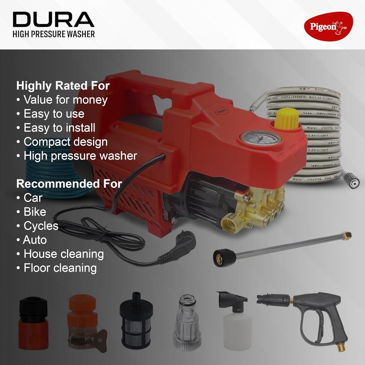 Pigeon Dura High Pressure Washer, 2200 Watts, 140 Bar Pressure, 8.5 L/Min Flow Rate,8 Meters Outlet Hose & 3 Meters Inlet Hose for Cleaning Car,Bike and Home