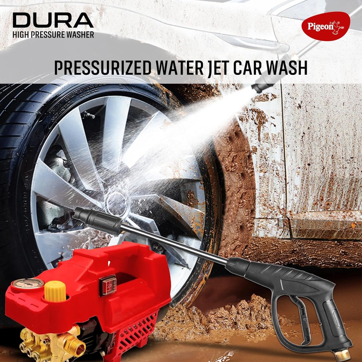Pigeon Dura High Pressure Washer, 2200 Watts, 140 Bar Pressure, 8.5 L/Min Flow Rate,8 Meters Outlet Hose & 3 Meters Inlet Hose for Cleaning Car,Bike and Home