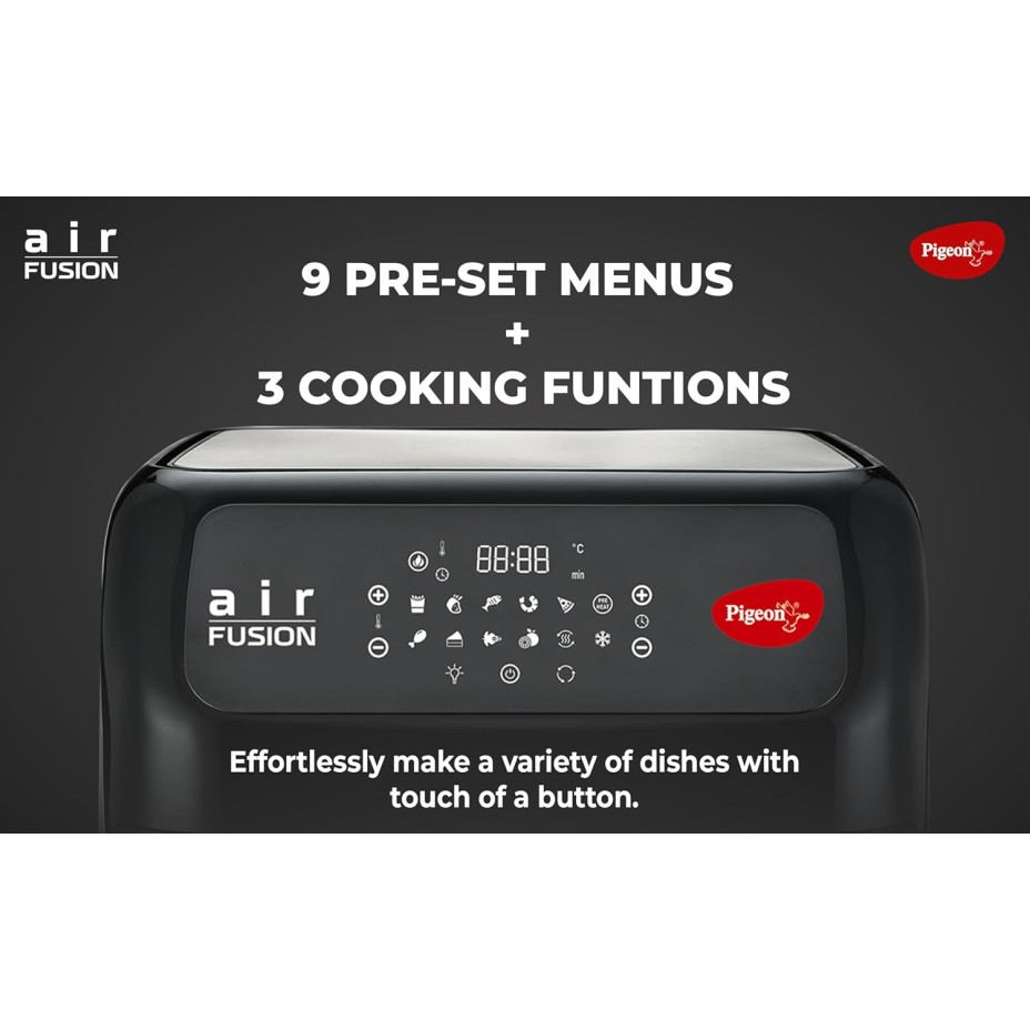 Pigeon by Stovekraft Air Fryer Oven 12L | 1800W | 2-in-1 Appliance - AirfryerOTG | Digital Touchscreen | 9 Preset Menu | Air Fry, Bake, Broil, Toast, Defrost (Black) | With Rotisserie | 7 Accessories