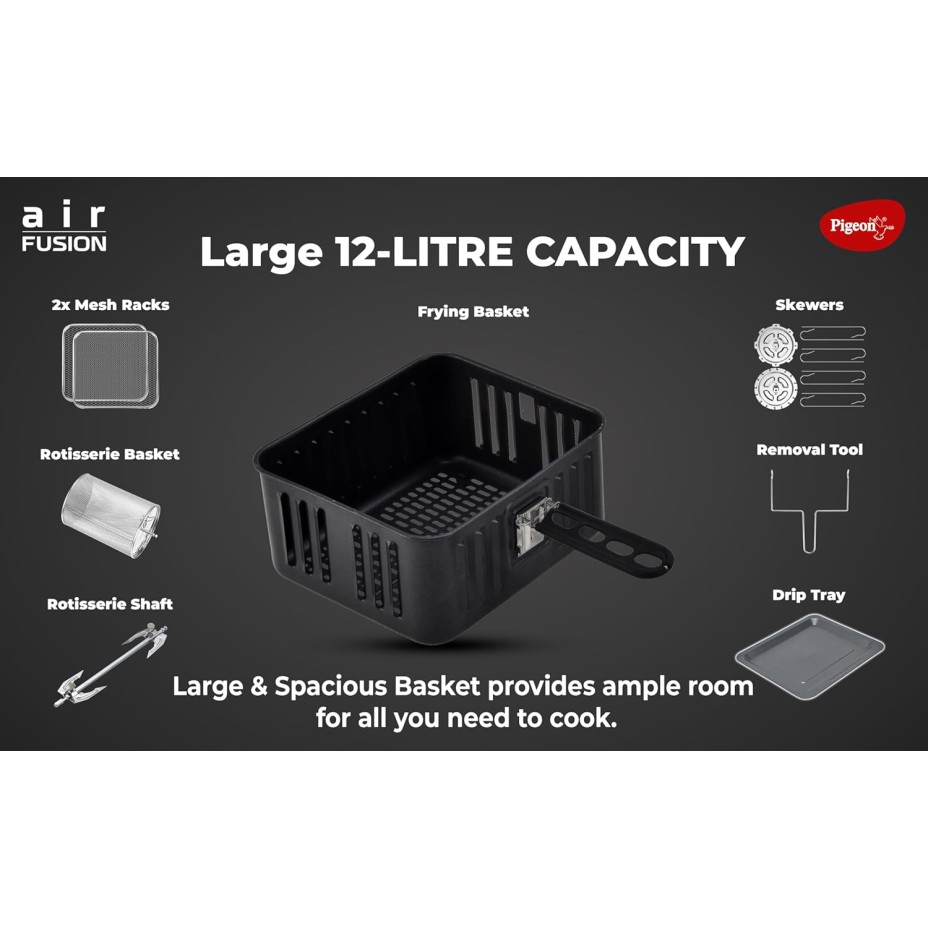 Pigeon by Stovekraft Air Fryer Oven 12L | 1800W | 2-in-1 Appliance - AirfryerOTG | Digital Touchscreen | 9 Preset Menu | Air Fry, Bake, Broil, Toast, Defrost (Black) | With Rotisserie | 7 Accessories