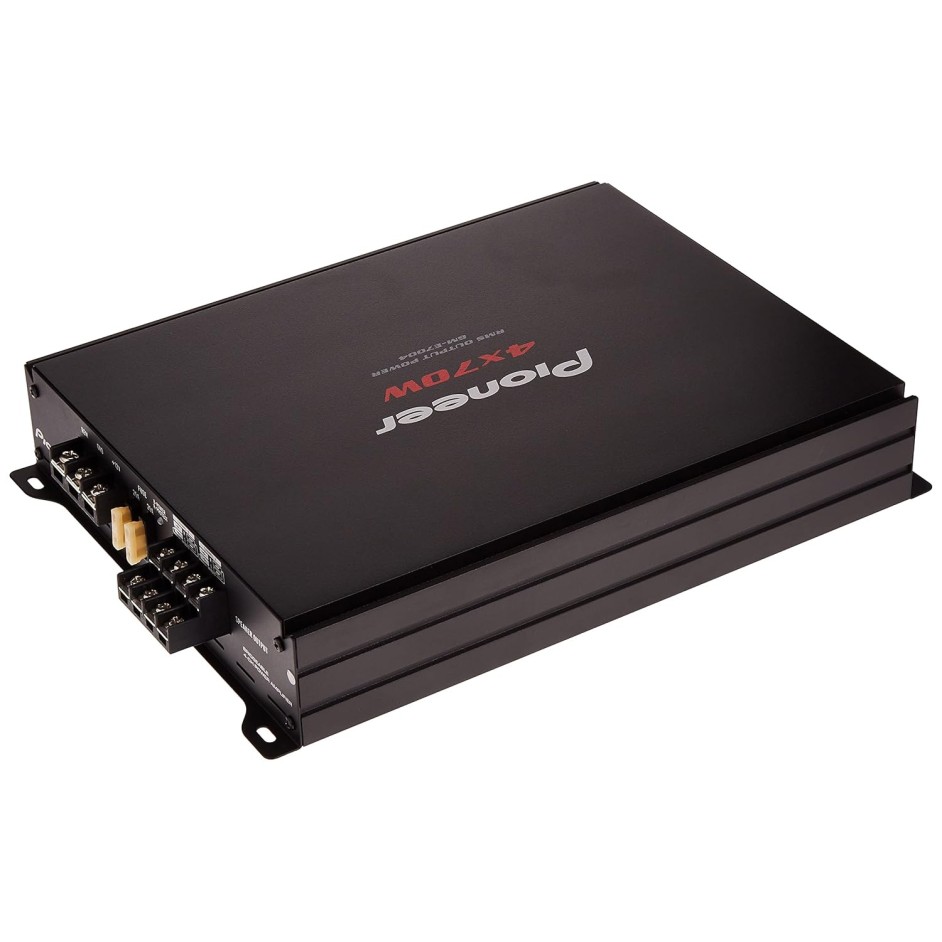Pioneer Car Amplifier GM-E7004,Number of channels 4/3/2 Max (4 ohms)125Wx4/500Wx2(BRIDGE),Rated Power(2 ohms <=1% THD+N)95Wx4, Rated Power(4 ohms <=1% THD+N)70Wx4,Rated Power(Bridged 4 ohms)190Wx2