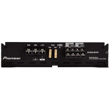 Pioneer Car Amplifier GM-E7004,Number of channels 4/3/2 Max (4 ohms)125Wx4/500Wx2(BRIDGE),Rated Power(2 ohms <=1% THD+N)95Wx4, Rated Power(4 ohms <=1% THD+N)70Wx4,Rated Power(Bridged 4 ohms)190Wx2