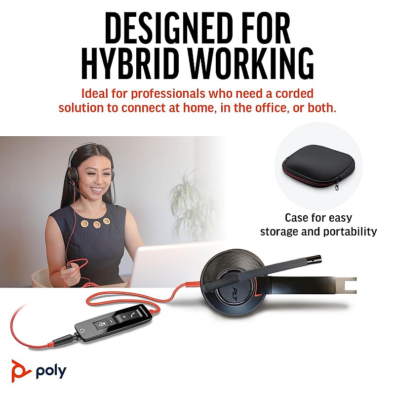 Poly Blackwire 5220 Wired Headset (Plantronics) - Flexible Noise-Canceling Boom Mic - Ergonomic Design - Connect to PC/Mac, Mobile via USB-C, USB-A, or 3.5 mm - Works w/Teams, Zoom