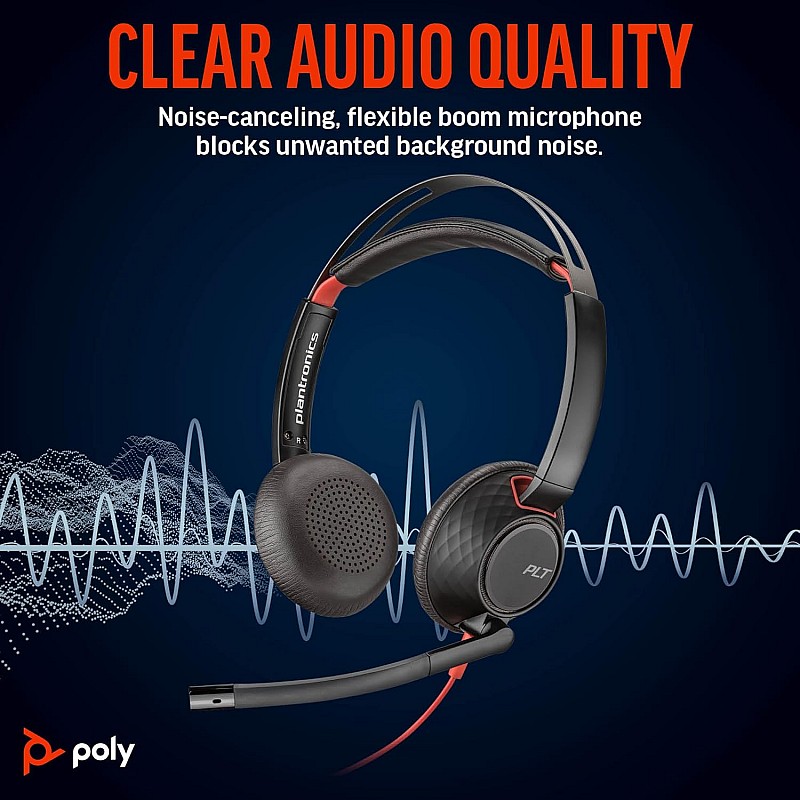 Poly Blackwire 5220 Wired Headset (Plantronics) - Flexible Noise-Canceling Boom Mic - Ergonomic Design - Connect to PC/Mac, Mobile via USB-C, USB-A, or 3.5 mm - Works w/Teams, Zoom