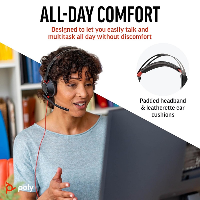 Poly Blackwire 5220 Wired Headset (Plantronics) - Flexible Noise-Canceling Boom Mic - Ergonomic Design - Connect to PC/Mac, Mobile via USB-C, USB-A, or 3.5 mm - Works w/Teams, Zoom