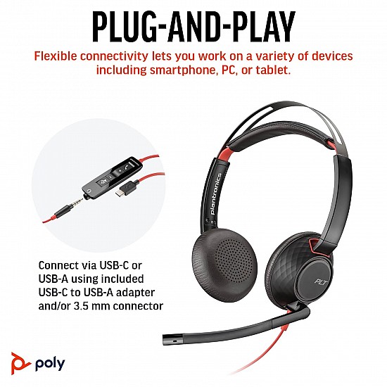 Poly Blackwire 5220 Wired Headset (Plantronics) - Flexible Noise-Canceling Boom Mic - Ergonomic Design - Connect to PC/Mac, Mobile via USB-C, USB-A, or 3.5 mm - Works w/Teams, Zoom