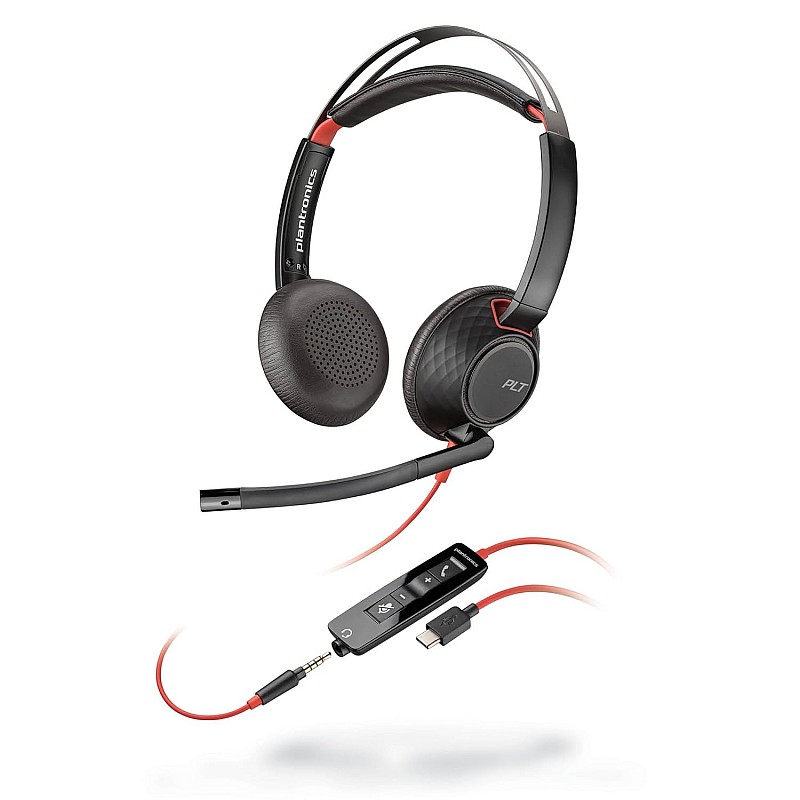 Poly Blackwire 5220 Wired Headset (Plantronics) - Flexible Noise-Canceling Boom Mic - Ergonomic Design - Connect to PC/Mac, Mobile via USB-C, USB-A, or 3.5 mm - Works w/Teams, Zoom