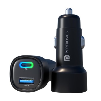 Portronics 80W Dual Output Fast Car Charger with Type-C PD & USB, LED Indicator, Charging Adapter (Black)