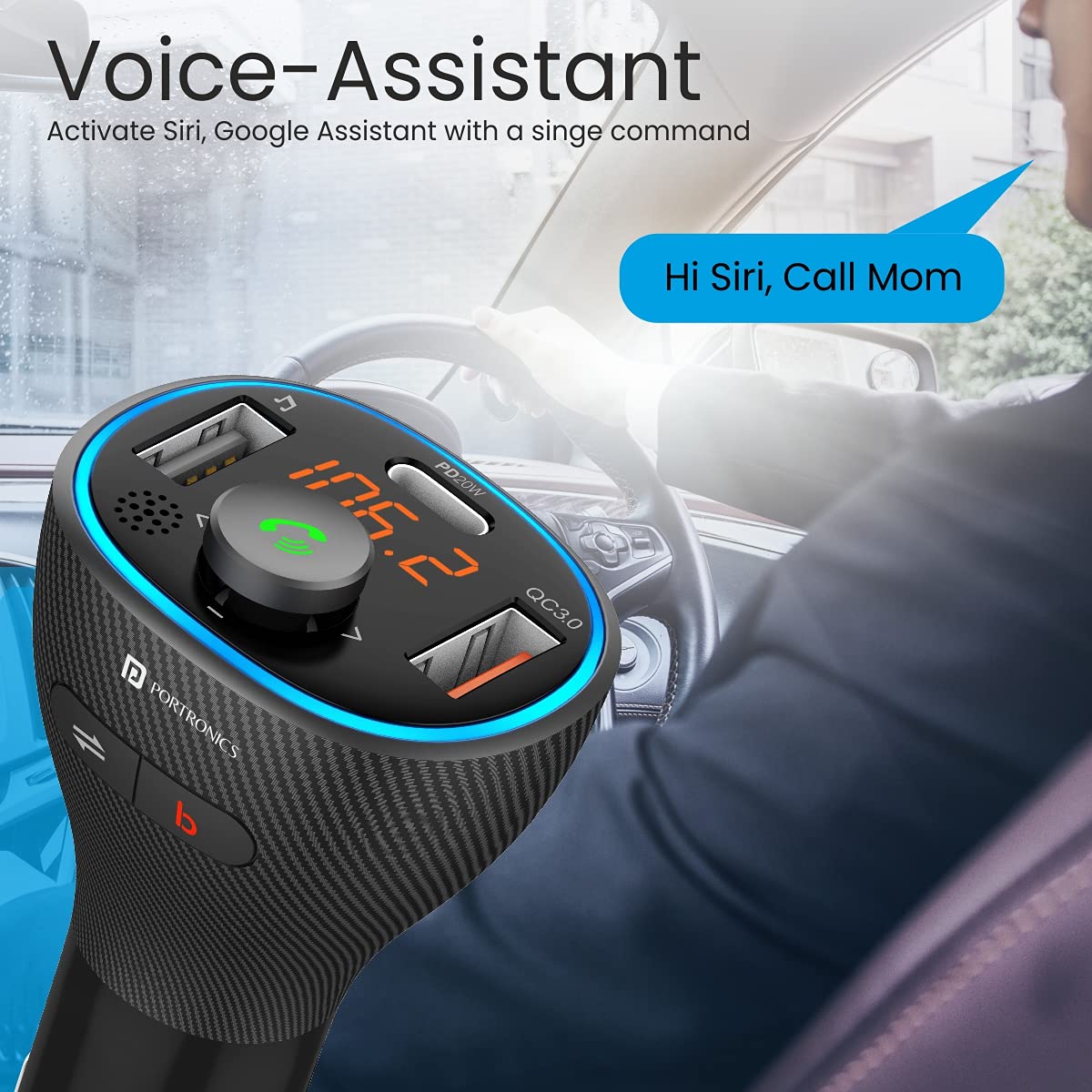 Portronics Auto 15 Bluetooth - FM Transmitter in-Car Fast Charger Black