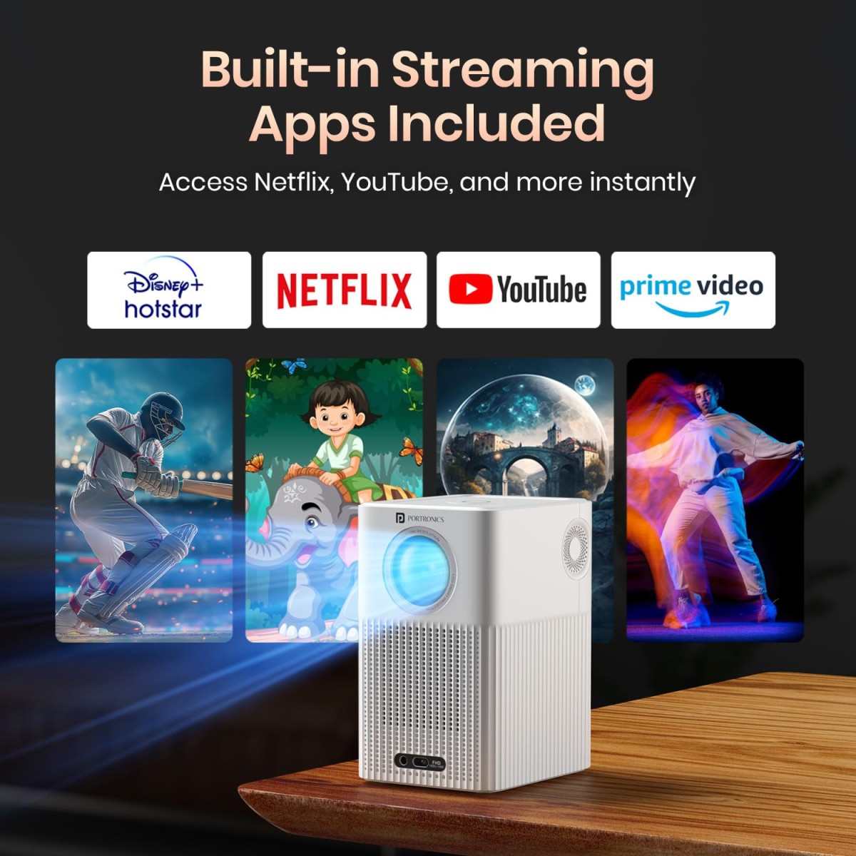 Portronics Beem 500 Smart Projector with 8K Support & 1080p FHD Native, 6700 Lumens, Auto Focus & Keystoning, Bluetooth, Wi-fi, 16W Speaker (White) Portronics Beem 500 Smart Projector with 8K Support & 1080p FHD Native, 6700 Lumens, Auto Focus & Keystoning, Bluetooth, Wi-fi, 16W Speaker (White)