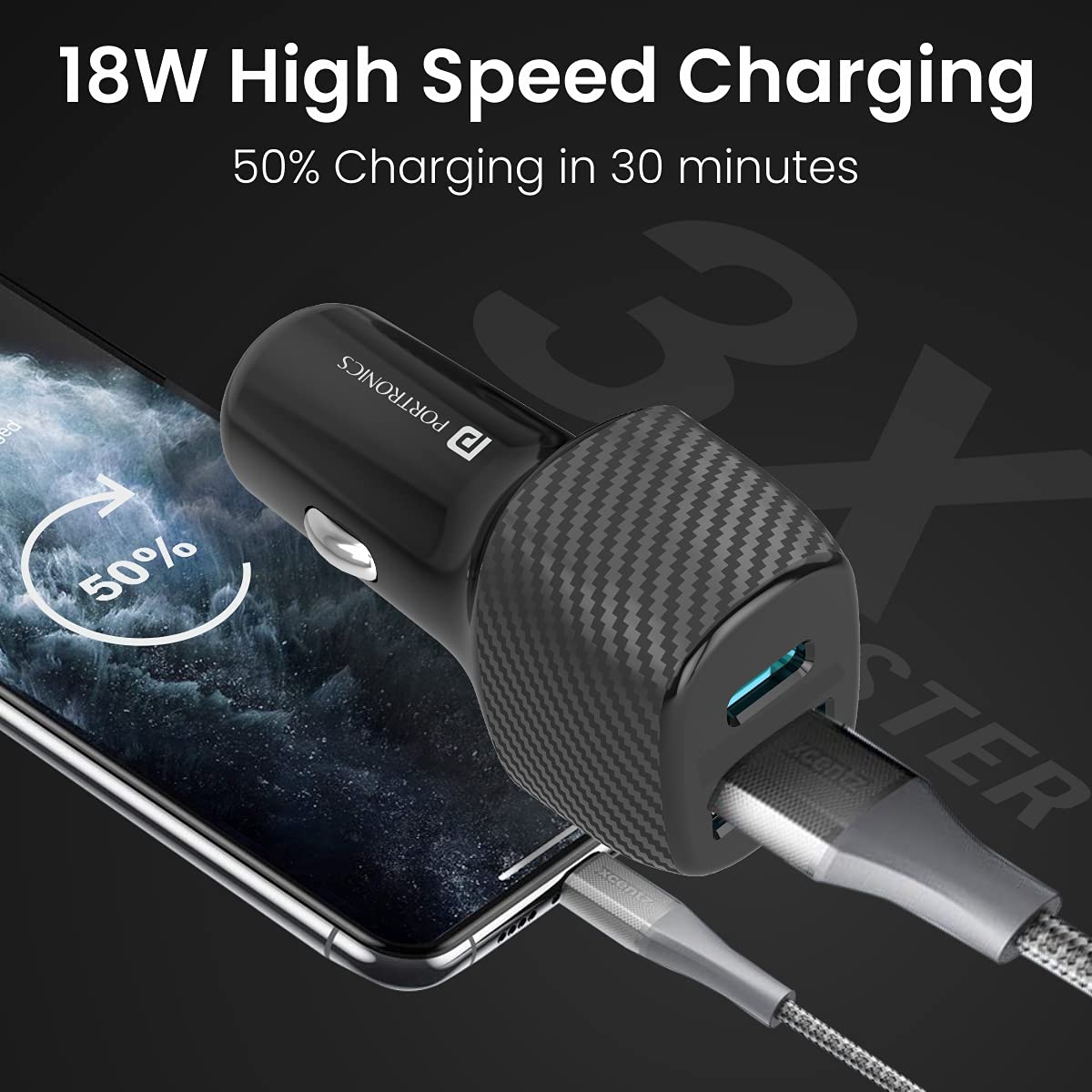 Portronics 6 Amp Turbo Car Charger Black With USB Cable