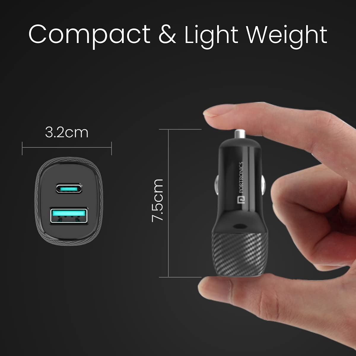 Portronics 6 Amp Turbo Car Charger Black With USB Cable