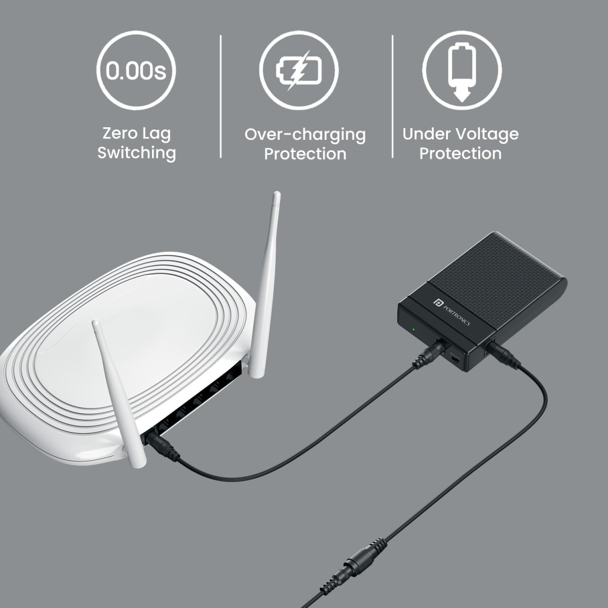 Portronics Power Plus II Mini UPS for 12V-3A WiFi Router Broadband Modem, Backup Upto 4 Hours, Current Surge Protection, UPS Power Backup for WiFi Router Modem During Power Cuts (Black) Portronics Power Plus II Mini UPS for 12V-3A WiFi Router Broadband Modem, Backup Upto 4 Hours, Current Surge Protection, UPS Power Backup for WiFi Router Modem During Power Cuts (Black)