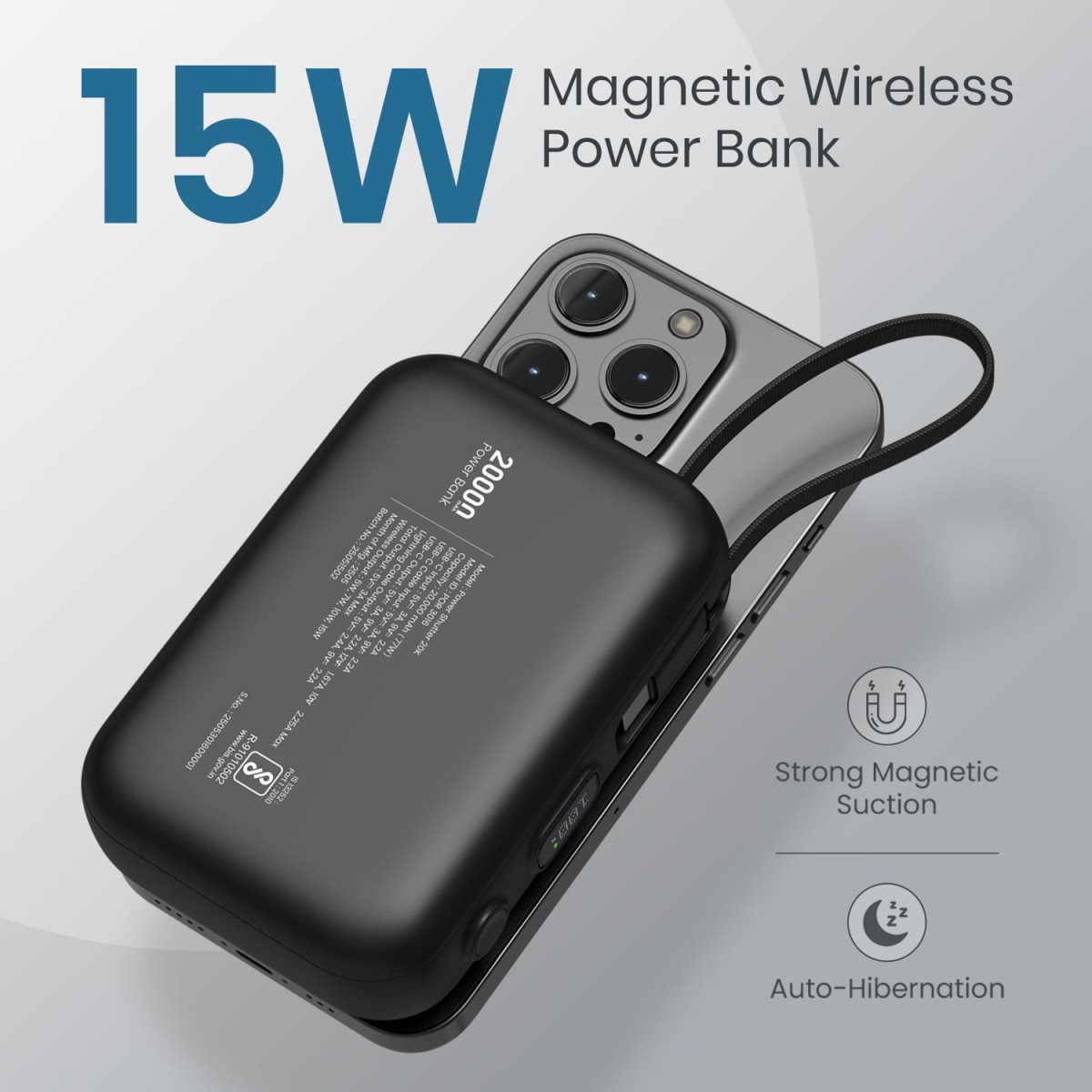 Portronics Power Shutter 20000mAh 15W Magnetic Wireless Fast Charging Powerbank with in-Built Type C & 8 Pin Cable (Black)