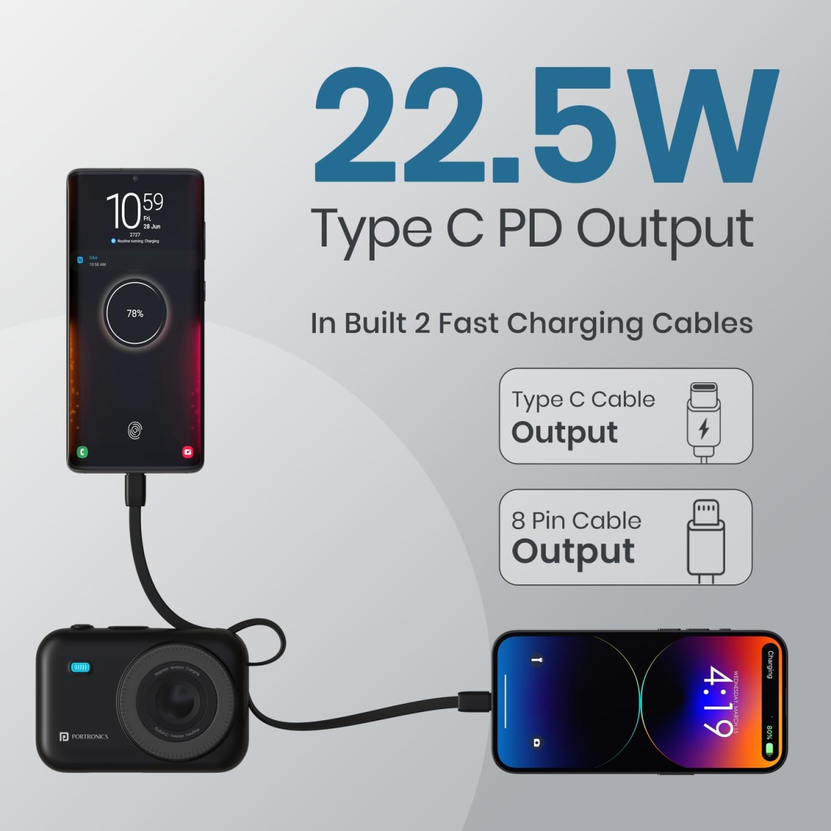 Portronics Power Shutter 20000mAh 15W Magnetic Wireless Fast Charging Powerbank with in-Built Type C & 8 Pin Cable (Black)