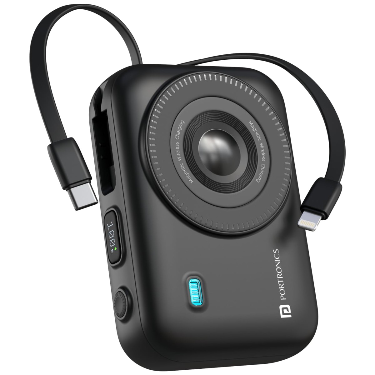 Portronics Power Shutter 20000mAh 15W Magnetic Wireless Fast Charging Powerbank with in-Built Type C & 8 Pin Cable (Black)