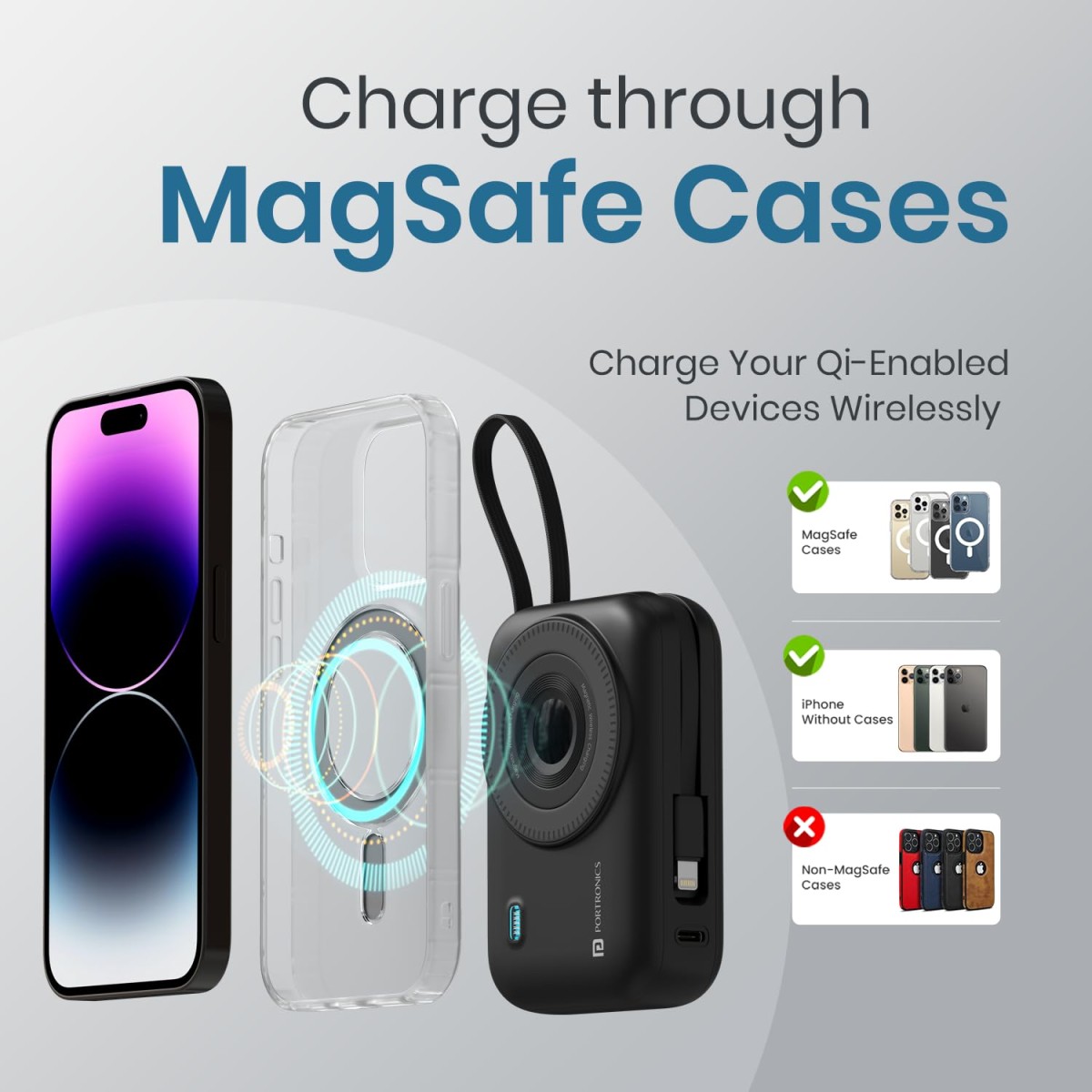 Portronics Power Shutter 20000mAh 15W Magnetic Wireless Fast Charging Powerbank with in-Built Type C & 8 Pin Cable (Black)