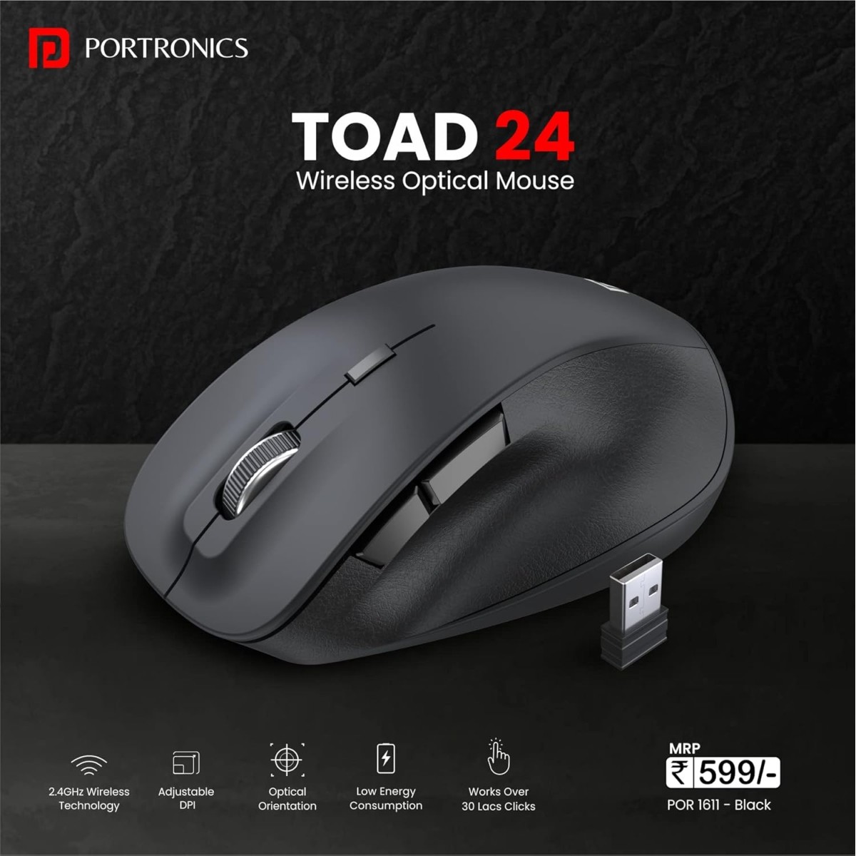 Portronics Toad 24 Wireless Mouse, with 2.4 GHz USB Nano Receiver, Adjustable DPI up to 1600, Dual-Function Scroll Wheel, for Laptop, Mac, PC (Black)