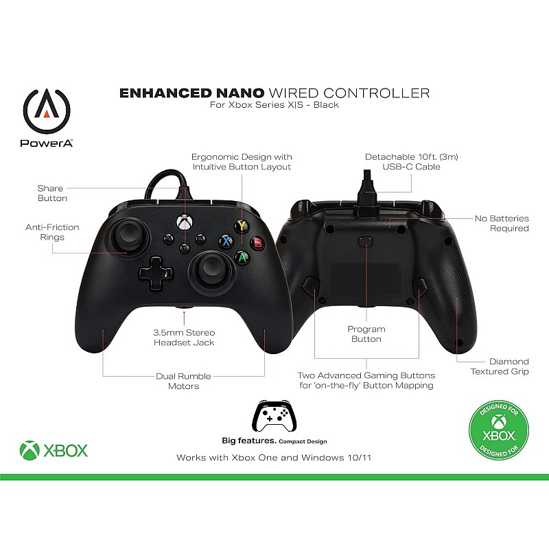 PowerA Nano Enhanced Wired Gaming Controller for Xbox Series X/S, Xbox One, PC, Windows 10/11, compact and smaller than standard Xbox controllers, Black (Officially Licensed)