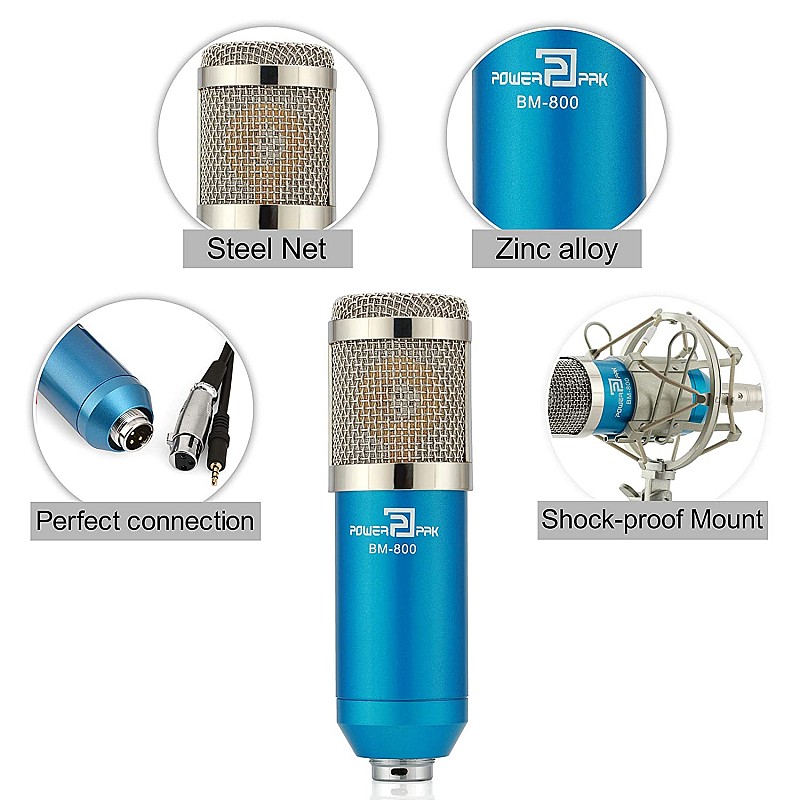 Powerpak BM 800 Blue Professional Condenser Microphone with Metal Shock Mount (requires phantom power or sound card)