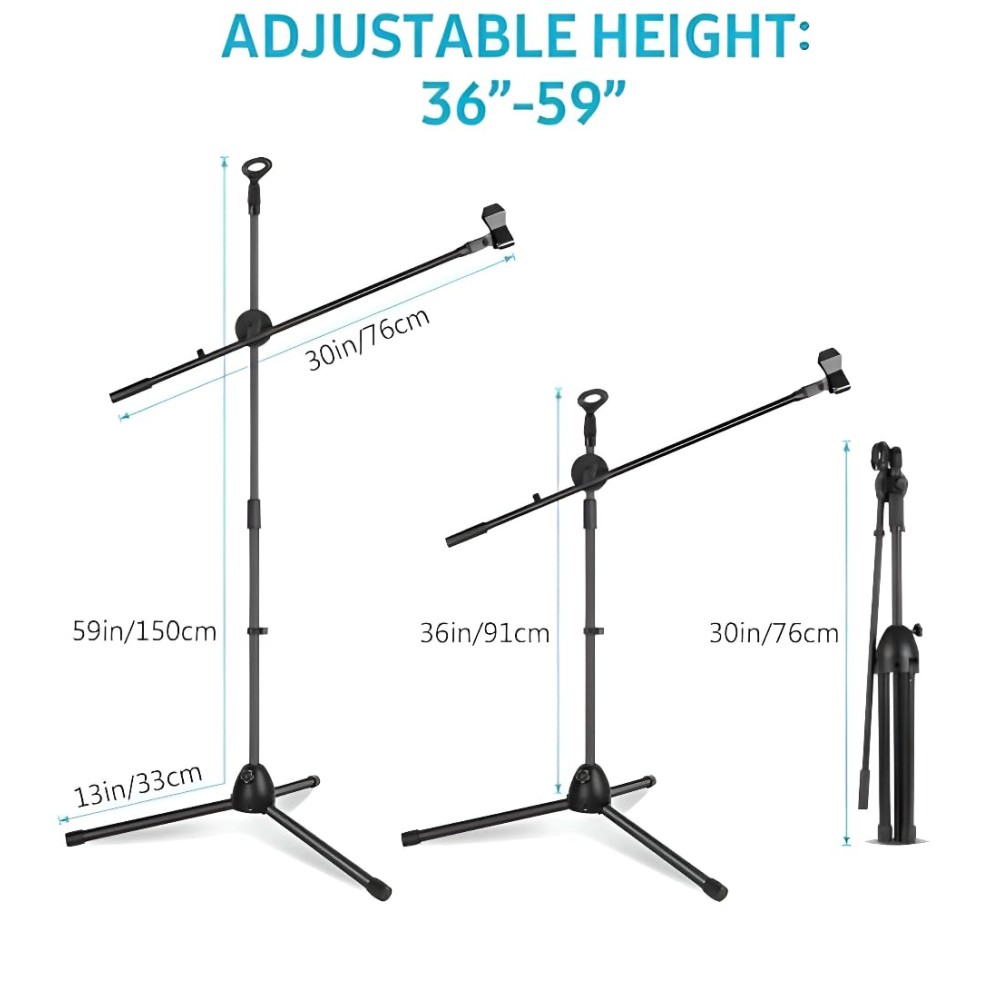 Powerpak MS-1001 3 Leg Boom Dual Microphone Stand with Dual Mic Clip Holders | for Studio Recording, Speech, Stage,Outdoor Activities (Black)