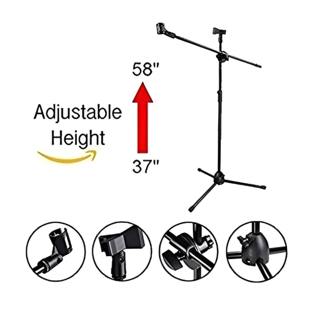 Powerpak MS-1001 3 Leg Boom Dual Microphone Stand with Dual Mic Clip Holders | for Studio Recording, Speech, Stage,Outdoor Activities (Black)
