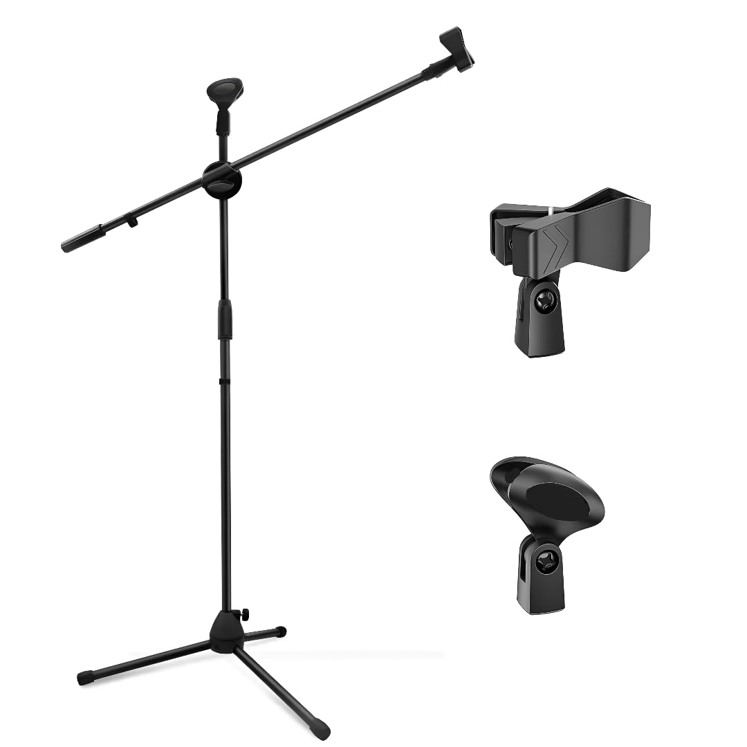 Powerpak MS-1001 3 Leg Boom Dual Microphone Stand with Dual Mic Clip Holders | for Studio Recording, Speech, Stage,Outdoor Activities (Black)
