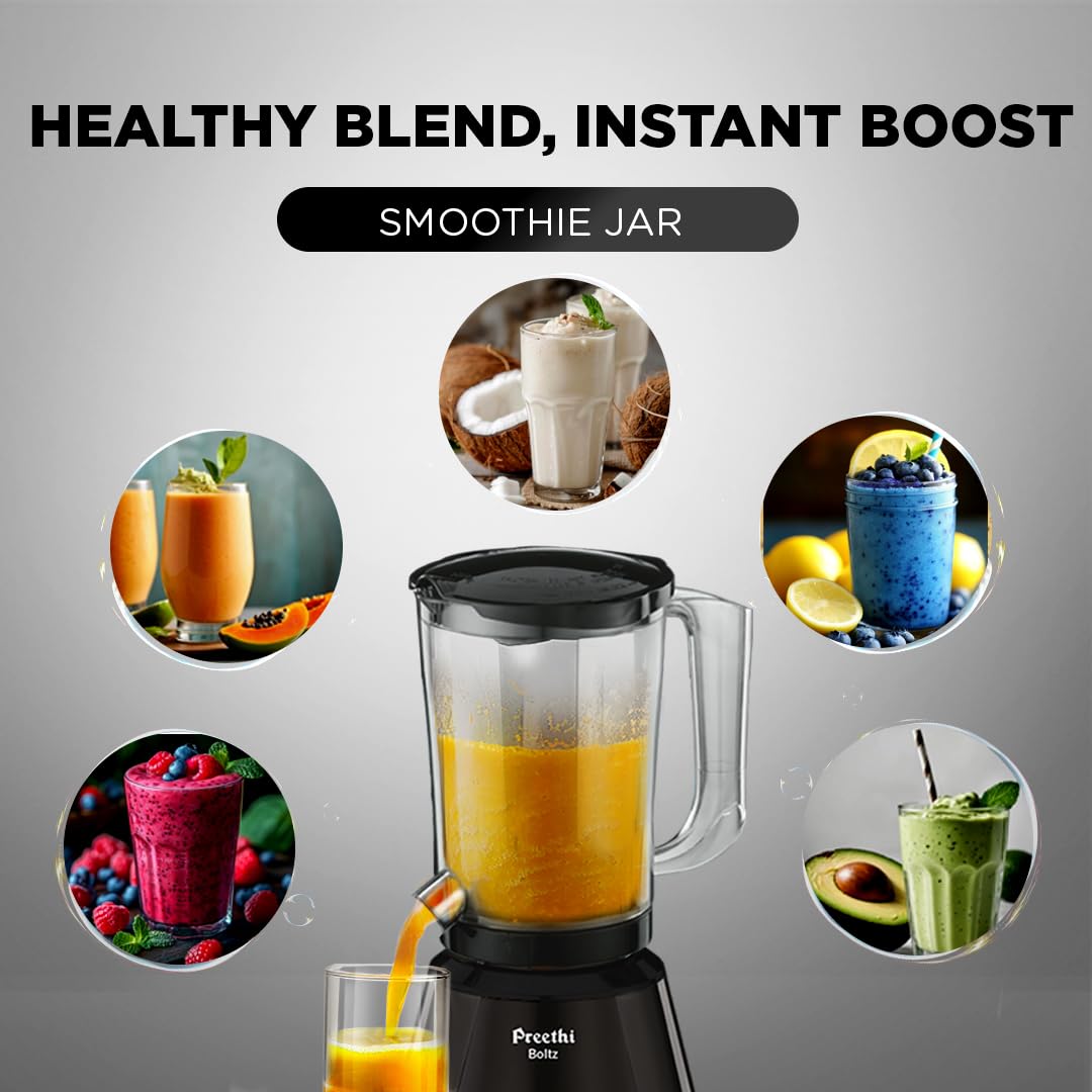 Preethi Boltz Mixer Grinder for Kitchen | 4 Jars 1000 Watts Mixie| 3 Stainless Steel Jar & 1 Blender Jar for Milkshake,Smoothie,Puree - Black (MG-288)
