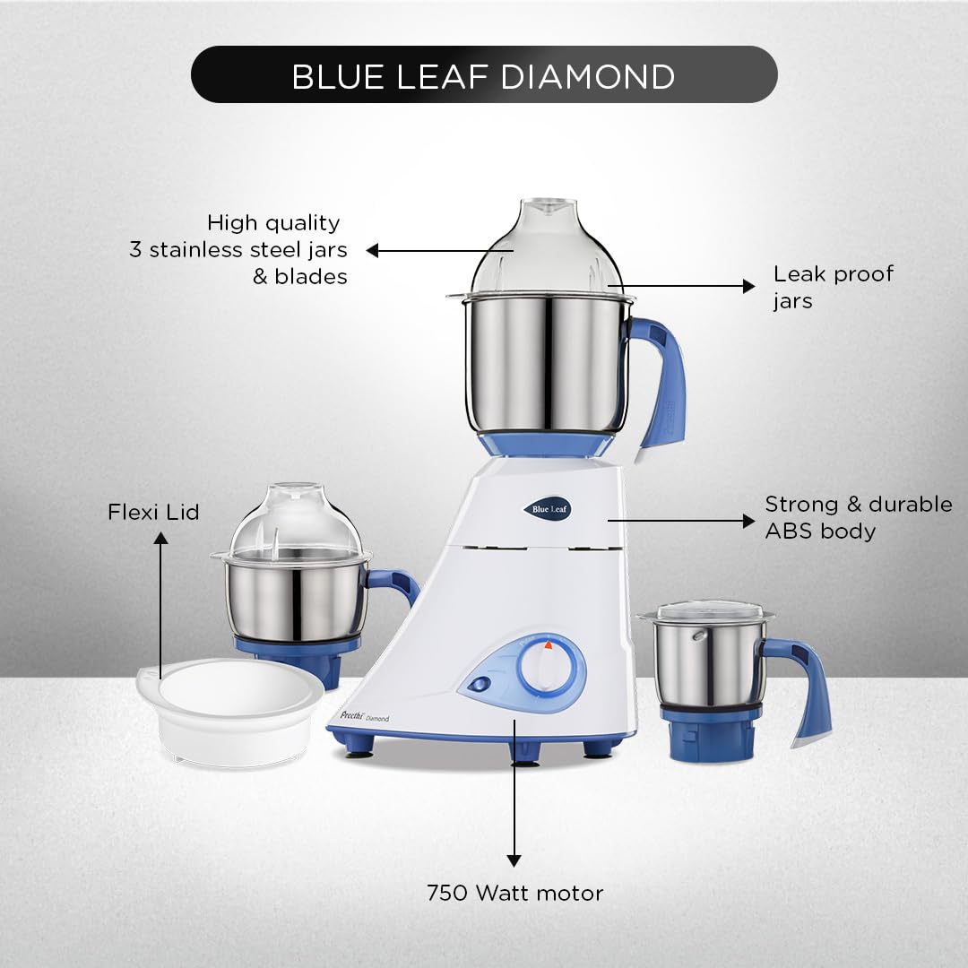 Preethi Diamond 750 Watt Mixer Grinder | 3 Jars & Flexi lid | 2yr Guarantee & Lifelong Free Service | FBT Motor I Powerful Grinding & Blending | Perfect for Smoothies & More I White Color |