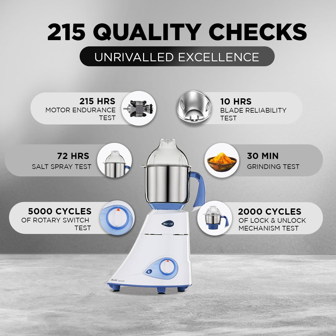 Preethi Diamond 750 Watt Mixer Grinder | 3 Jars & Flexi lid | 2yr Guarantee & Lifelong Free Service | FBT Motor I Powerful Grinding & Blending | Perfect for Smoothies & More I White Color |