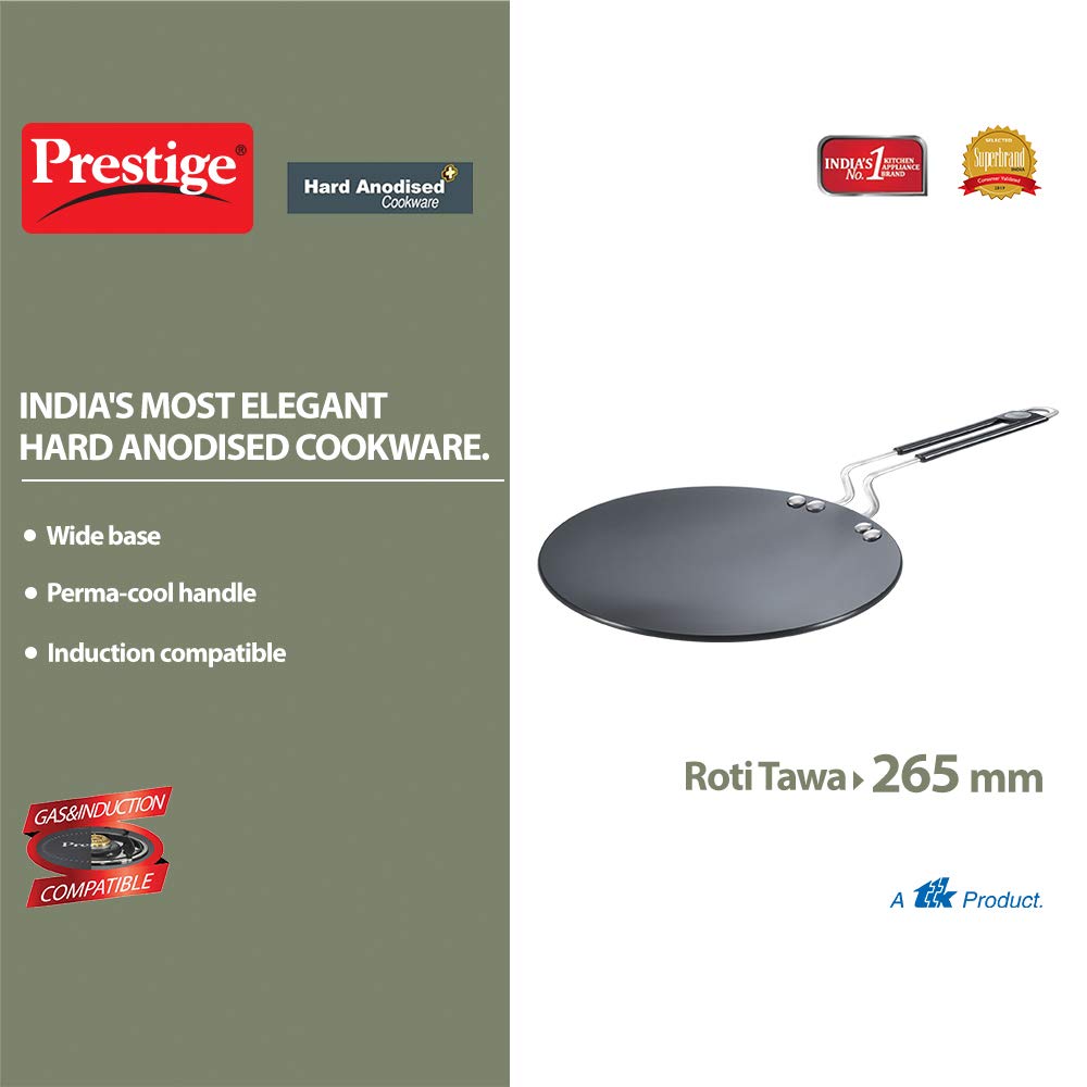 Prestige Hard Anodized Plus Roti/Chapati Tawa (Aluminium)|Wide Base with 26.5 cm|Perma Cool Handle|Gas & Induction Compatible|2 Years Warranty