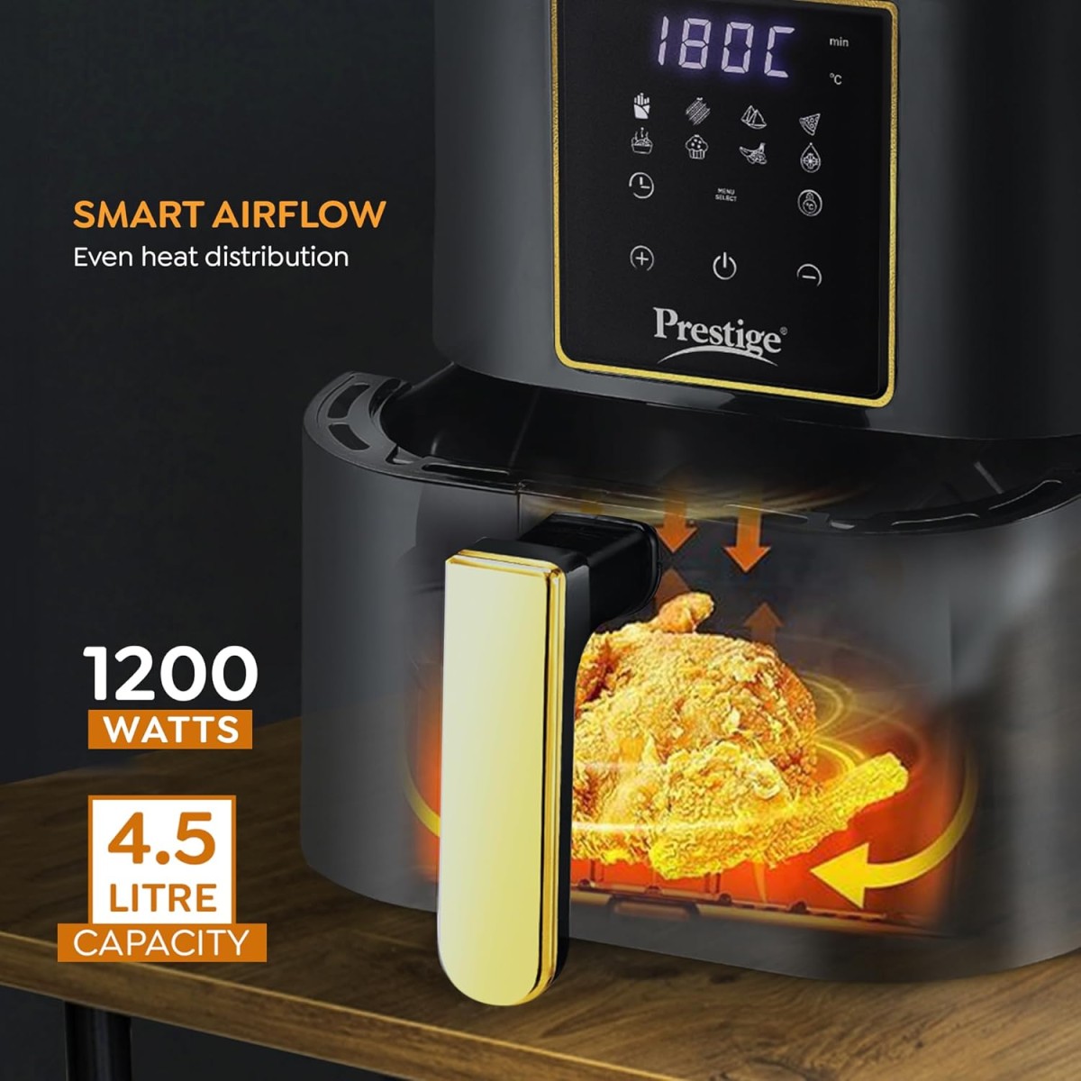 Prestige Nutrifry 4.5L Digital Air Fryer| 80% less Oil Consumption | 8 Preset Menu | Fry, Grill, Roast, Bake, Reheat | Digital Display | 1200 Watts | Easy to Clean | 1Y Warranty | ISI Certified