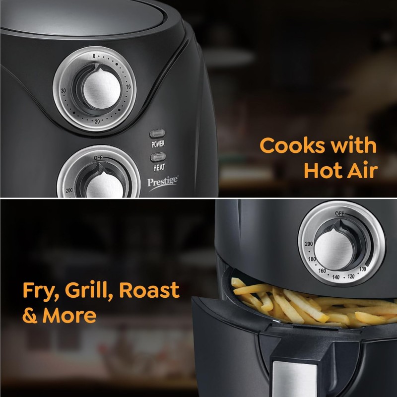 Prestige Nutrifry Electric Digital Air Fryer| 80% less Oil Consumption|4.5L Capacity |1200 Watts Power|Fry,Grill,Roast,Bake,Reheat|Digital Display with 8 Preset Menu|Easy to Clean Frying Basket|Black