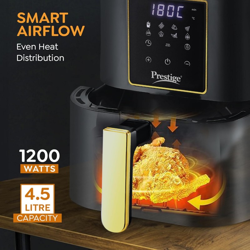 Prestige Nutrifry Electric Digital Air Fryer| 80% less Oil Consumption|4.5L Capacity |1200 Watts Power|Fry,Grill,Roast,Bake,Reheat|Digital Display with 8 Preset Menu|Easy to Clean Frying Basket|Black