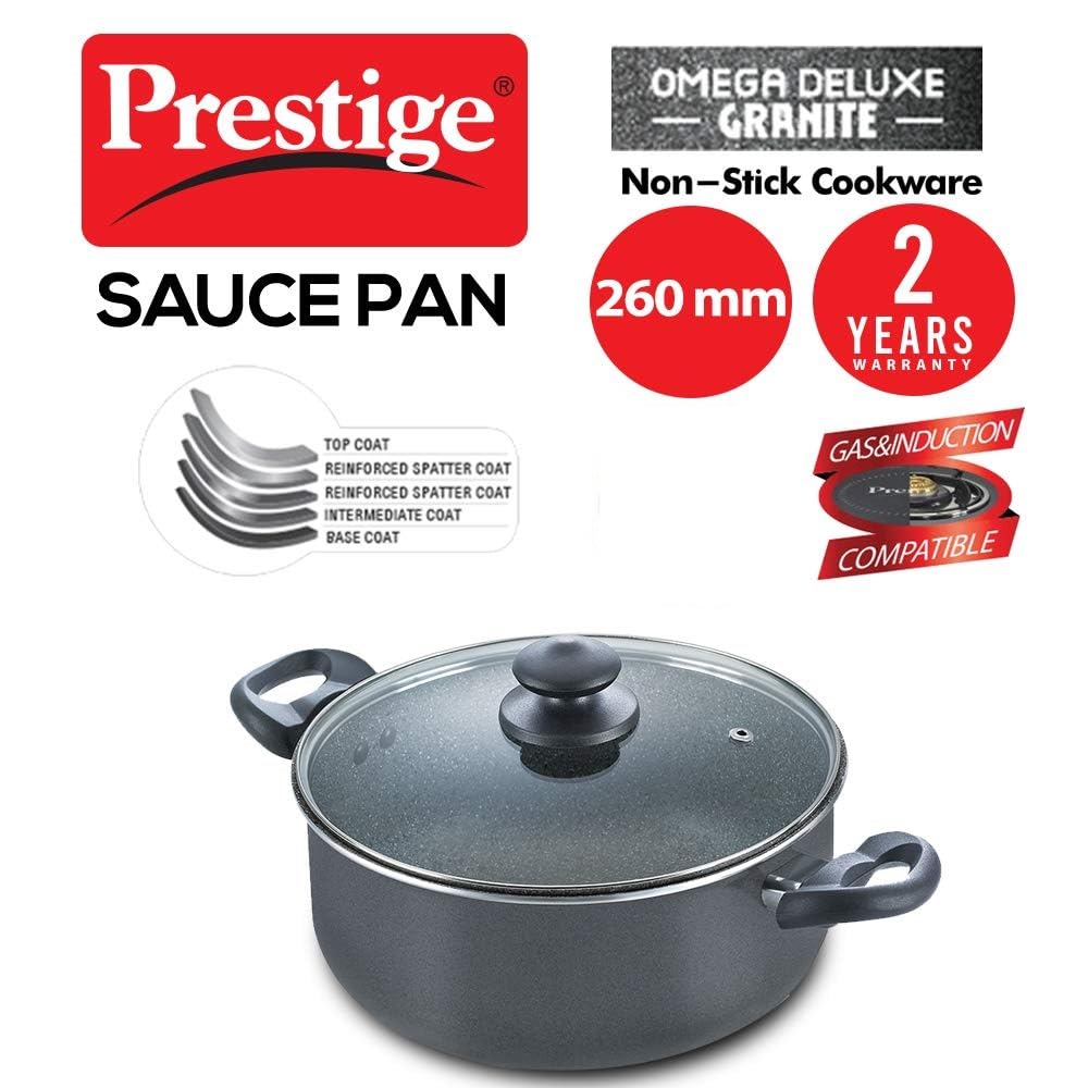 Prestige Omega Deluxe Granite Non-Stick Round Base Sauce Pan with Glass Lid, 26cm, 5.75 L (Black)