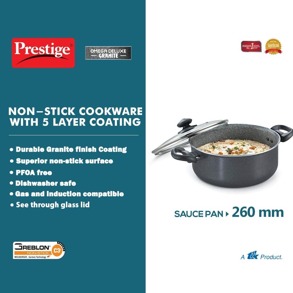 Prestige Omega Deluxe Granite Non-Stick Round Base Sauce Pan with Glass Lid, 26cm, 5.75 L (Black)