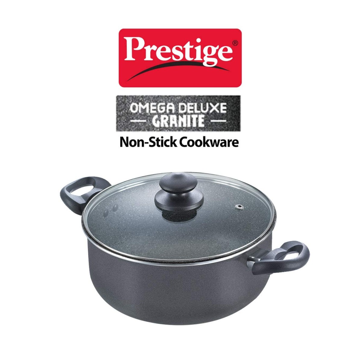Prestige Omega Deluxe Granite Non-Stick Round Base Sauce Pan with Glass Lid, 26cm, 5.75 L (Black)