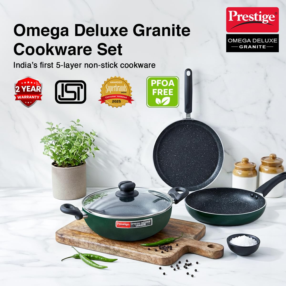 Prestige Omega Granite Non-Stick 3 Pc Cookware Set with Glass Lid | 5-Layer Coating | Gas & Induction Compatible | Omni Tawa 25cm | Fry Pan 24cm | Kadai 24cm | Moss Green | 2Y Warranty |ISI Certified